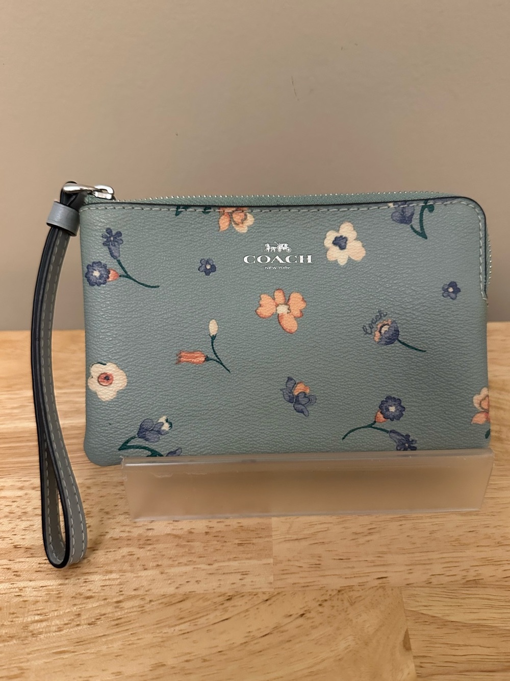 Coach Floral Wristlet in Dusty Teal with Multicolor Blooms